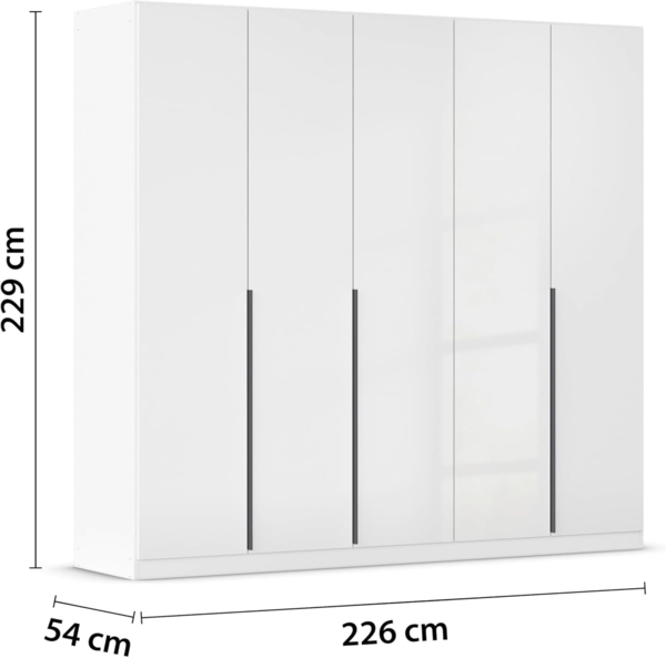 Rauch Möbel Alabama, Kleiderschrank, Garderobe, 5-türig, Zubehör Premium, 3 Kleiderstangen, 9 Einlegeböden, Schubladeneinsatz, Farbe Hochglanz Weiß/Weiß, Griff Grau metallic, 226 x 229 x 54 cm Bild 3