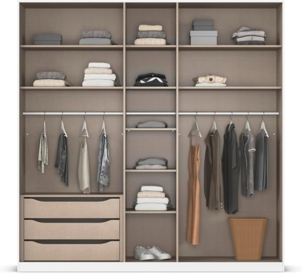 Rauch Möbel Alabama, Kleiderschrank, Garderobe, 5-türig, Zubehör Premium, 3 Kleiderstangen, 9 Einlegeböden, Schubladeneinsatz, Farbe Hochglanz Weiß/Weiß, Griff Grau metallic, 226 x 229 x 54 cm Bild 6