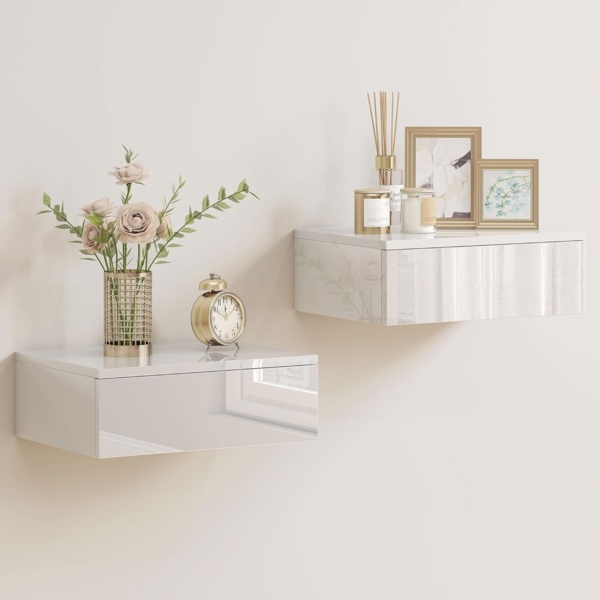 HOMCOM Nachttisch mit Schublade (schwebender Nachtschrank, 2-St, Nachtkästchen Wandmontage), für Schlafzimmer Wohnzimmer, 40 x 30 x 14 cm, Weiß