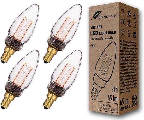 greenandco 4x LED Vintage Glühbirne zur Stimmungsbeleuchtung | dimmbar | E14 C35 | klar | 2,3W 65lm | 1800K extra warmweiß | 320° | 230V | flimmerfrei | Edison Glühbirne