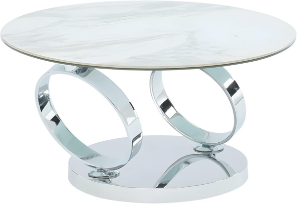 Vente-unique - Couchtisch mit drehbaren Tischplatten - Keramik & Glas - Weiß mit Marmor-Effekt - JOLINE