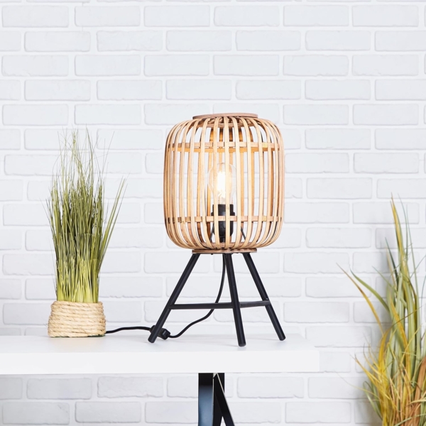 Lightbox Tischlampe Tischleuchte Nature-Style 41cm Höhe Schalter 1x E27 Metall/Rattan, hellbraun