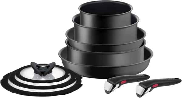 Tefal Topf-Set Ingenio Ultimate, Topf und Pfannenset abnehmbarer Griff, stapelbar, Aluminium (Set, 10-tlg, Kasserolle 16/20cm, Schmorpfanne 24cm, Pfanne 24/28cm, Deckel, Griffe), platzsparend, Pfannenset Induktion mit Antihaftversiegelung, L76491