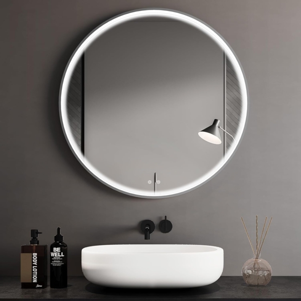 Clevich Badspiegel mit Beleuchtung Rund mit Superheller COB LED Lichtstreifen, Dicker Aluminiumrahmen, Anti-Beschlag, 3 Lichtfarben, Dimmbar, Runder Badezimmerspiegel mit Litch, Groß Wandspiegel 60 cm Bild 1