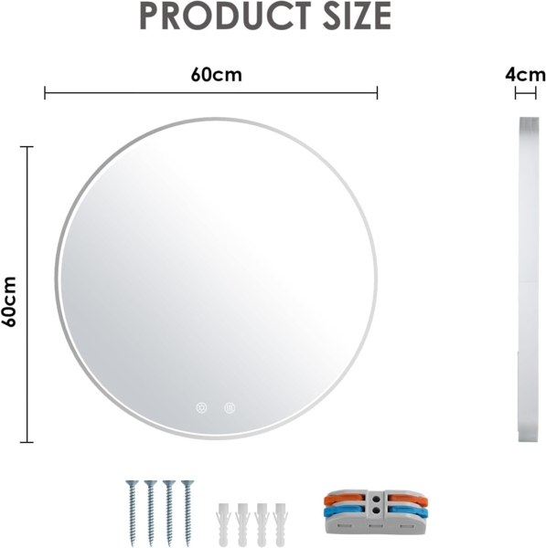 Clevich Badspiegel mit Beleuchtung Rund mit Superheller COB LED Lichtstreifen, Dicker Aluminiumrahmen, Anti-Beschlag, 3 Lichtfarben, Dimmbar, Runder Badezimmerspiegel mit Litch, Groß Wandspiegel 60 cm Bild 2