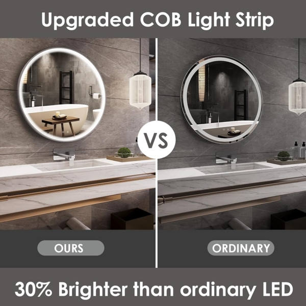 Clevich Badspiegel mit Beleuchtung Rund mit Superheller COB LED Lichtstreifen, Dicker Aluminiumrahmen, Anti-Beschlag, 3 Lichtfarben, Dimmbar, Runder Badezimmerspiegel mit Litch, Groß Wandspiegel 60 cm Bild 4
