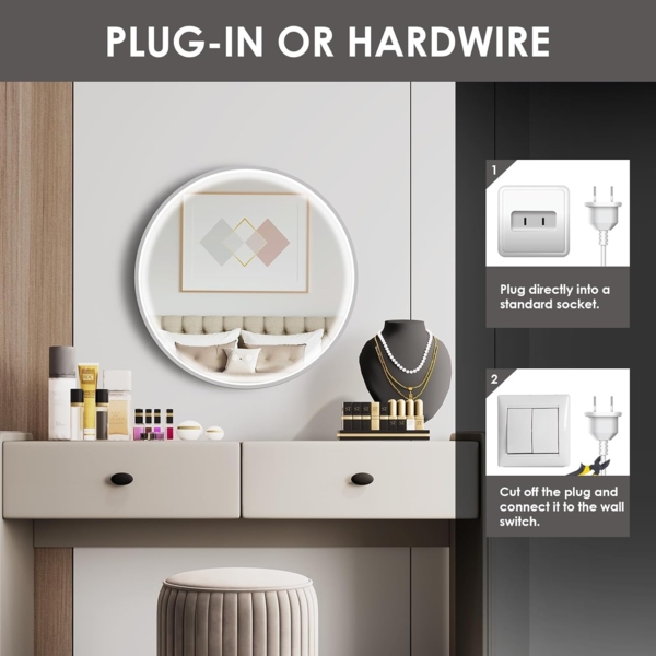 Clevich Badspiegel mit Beleuchtung Rund mit Superheller COB LED Lichtstreifen, Dicker Aluminiumrahmen, Anti-Beschlag, 3 Lichtfarben, Dimmbar, Runder Badezimmerspiegel mit Litch, Groß Wandspiegel 60 cm Bild 6