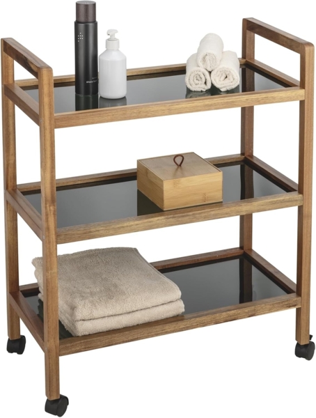 WENKO Rollregal Mod. Fondi aus massivem Akazienholz mit 3 Sicherheitsglasböden in Schwarz und 4 praktischen Rollen Maße 65 x 76,5 x 31 cm