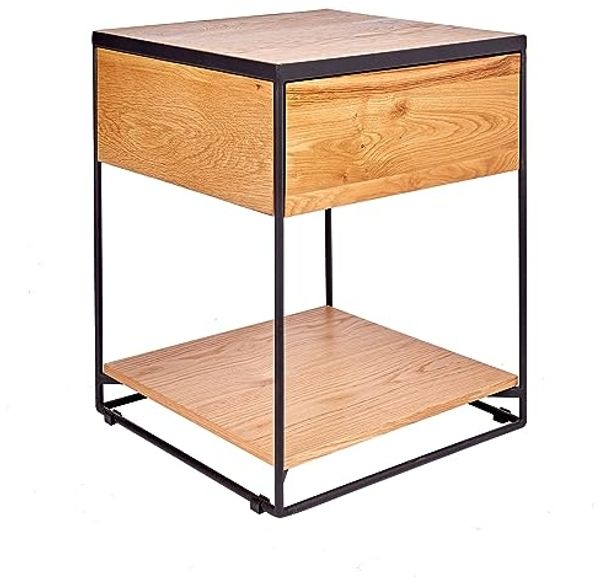 riess-ambiente Beistelltisch SCORPION 40cm natur / schwarz, Nachttisch · Eichen-Optik · mit Schublade · Metall · Industrial