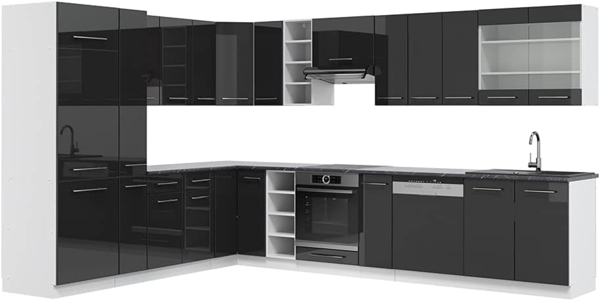 Eckküche Fame-Line Anthrazit Hochglanz/Weiß 347 x 46 cm ohne Arbeitsplatte Vicco