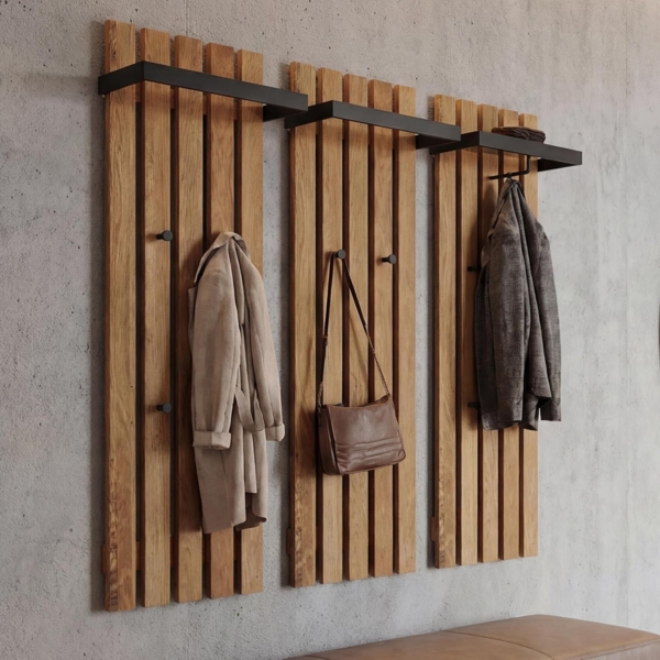 MCA 3er-Set Garderobenpaneel HWC-P57, Wandgarderobe Garderobenleiste Holzgarderobe, 4 Haken Metall 120x40 cm, Eiche