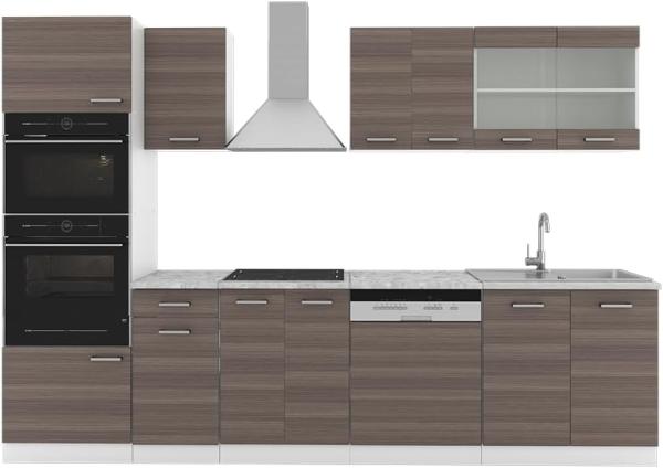 Küchenzeile R-Line Edelgrau/Weiß 300 cm mit Hochschrank, AP Marmor Vicco