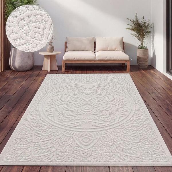 Paco Home Outdoor Teppich Wetterfest Balkon Wohnzimmer Skandinavisches Boho Muster Einfarbig Geometrisch 3D Effekt Moderne Deko, Grösse:160x230 cm, Farbe:Creme 3
