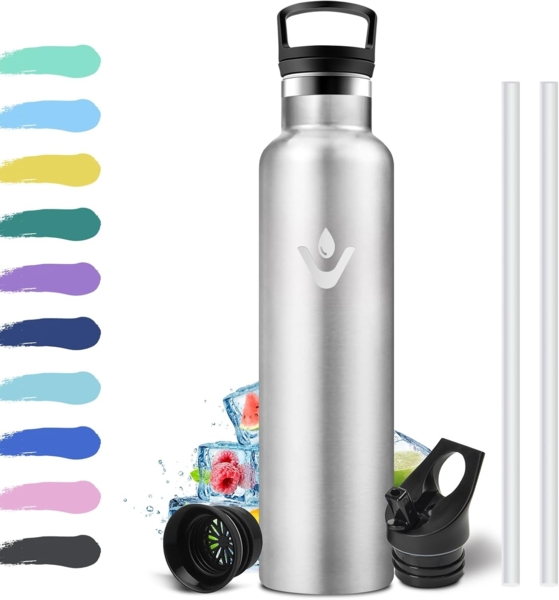 Trinkflasche Edelstahl 1L, Wasserflasche Sport mit Strohhalm, BPA-Frei, Auslaufsicher Trinkflasche Kohlensäure Geeignet, Doppelwandige Vakuumisolierte, Isolierflasche für Yoga, Schule, Camping Bild 1