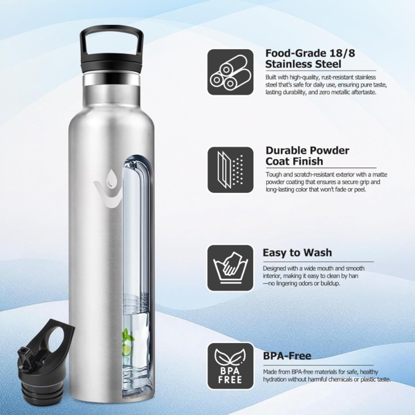 Trinkflasche Edelstahl 1L, Wasserflasche Sport mit Strohhalm, BPA-Frei, Auslaufsicher Trinkflasche Kohlensäure Geeignet, Doppelwandige Vakuumisolierte, Isolierflasche für Yoga, Schule, Camping Bild 2