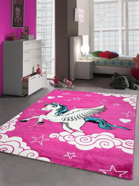 Traum Kinderteppich Spielteppich Kinderzimmer Teppich Einhorn Design mit Konturenschnitt Pink Creme Türkis Größe 120 cm Rund