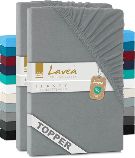 2er Set Lavea Topper Spannbettlaken - Spannbetttuch Jersey Topper Serie Maya, 90x200 cm | 100x200 cm, Mittelgrau, 100% Baumwolle, hochwertige Verarbeitung, mit Gummizug