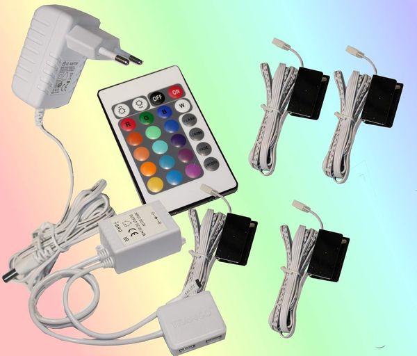 TRANGO LED Glaskantenbeleuchtung, 4er Set RGB Farbwechsel LED Glaskantenbeleuchtung 5022-04 inkl. Fernbedienung Schrankbeleuchtung I Glasbodenbeleuchtung I Vitrinenbeleuchtung, LED Clips I Möbelbeleuchtung