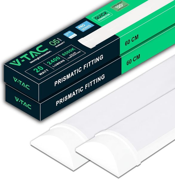V-TAC 2x Feuchtraumleuchte LED 60 CM - 20W - Samsung Chip - Rechteckige Lampe 2400 Lumen IP20 für Wand, Garage, Shop - LED Röhre - Prismatische Deckenleuchte LED - Licht 6400K Kaltweiß