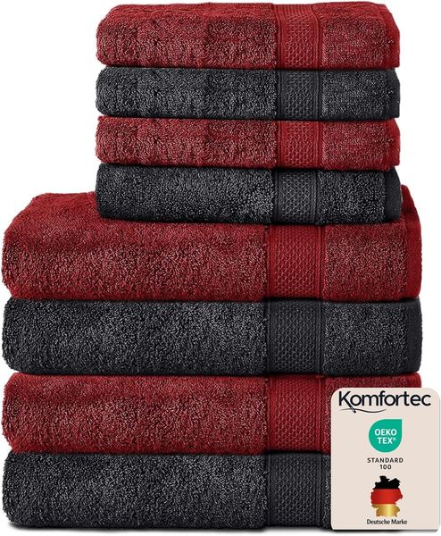 Komfortec 8er Handtuch Set aus 100% Baumwolle, 4 Badetücher 70x140 und 4 Handtücher 50x100 cm, Frottee, Weich, Towel, Groß, Schwarz/Aurorarot