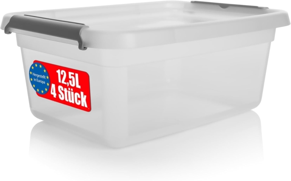 BigDean 4 Stück 12,5 L Aufbewahrungsbox mit Deckel transparent – stapelbare robuste Aufbewahrungsbox – Aufbewahrungsboxen mit Klickverschluss