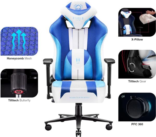 Diablo X-Player Gaming Stuhl Bürostuhl Schreibtischstuhl Stoff 3D Armlehnen Ergonomisches Design Nacken/- Lendenkissen Frost White Normal (L) Bild 4