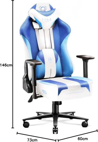 Diablo X-Player Gaming Stuhl Bürostuhl Schreibtischstuhl Stoff 3D Armlehnen Ergonomisches Design Nacken/- Lendenkissen Frost White Normal (L) Bild 3