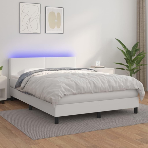 vidaXL Boxspringbett mit Matratze & LED Weiß 140x200 cm Kunstleder 3134106