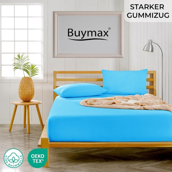 Buymax® Spannbettlaken 180x200 cm Baumwolle 100% Spannbetttuch Bettlaken Jersey, Matratzenhöhe bis 25 cm, Farbe Türkis Bild 2