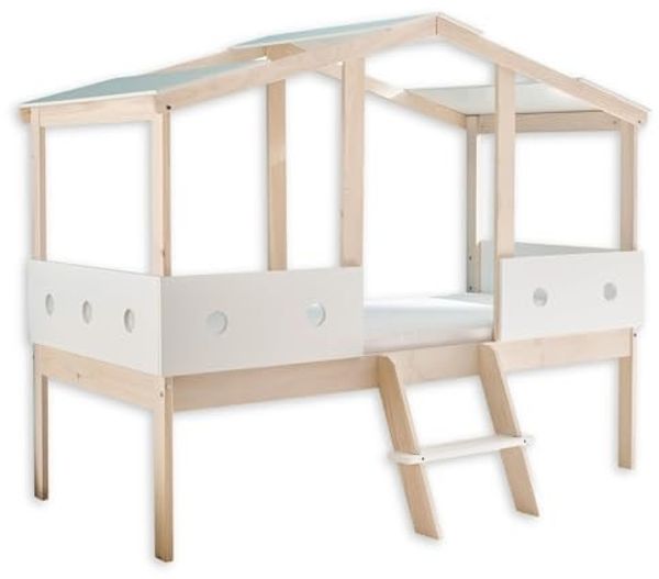 Stella Trading CORTINO Hausbett 90x200 cm - Funktionales Kinderbett in Weiß, Kiefer massiv - 131 x 165 x 216 cm (B/H/T)