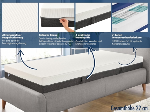Irisette Selin orthopädische 7-Zonen 1.000er Tonnentaschenfederkernmatratze, Härtegrad 2 (weich), 90x190 cm, Öko-Tex Zertifiziert, entwickelt in Deutschland Bild 2