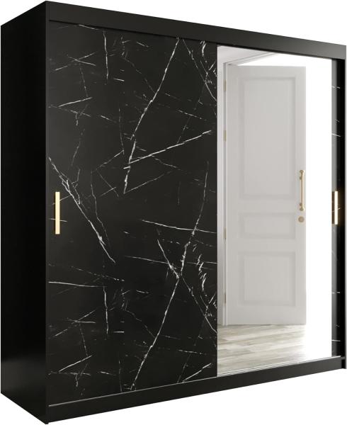 Kleiderschrank Kamoga T2 200 (Schwarz / Marmor Schwarz + Gold, mit Schubladen)