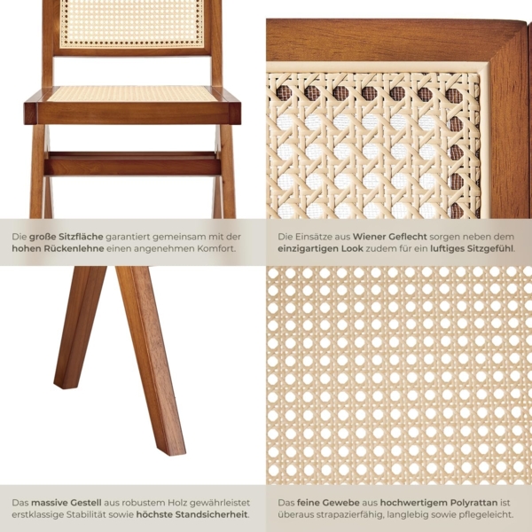 tectake Esszimmerstuhl Holzstuhl Lissy mit Wiener Geflecht im Boho-Stil (Set, 1 St), Große Rückenlehne und Sitzfläche ohne Armlehnen Bild 7