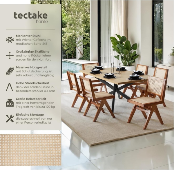 tectake Esszimmerstuhl Holzstuhl Lissy mit Wiener Geflecht im Boho-Stil (Set, 1 St), Große Rückenlehne und Sitzfläche ohne Armlehnen Bild 4