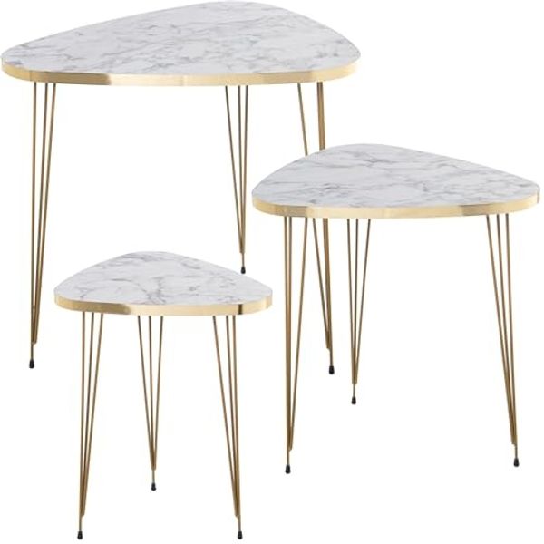 DRW Set mit 3 Beistelltischen aus Holz und Metall in Gold und Weiß, Marmor-Effekt, 55 x 48 x 53, 45 x 40 x 49 und 35 x 31 x 45 cm, 55 x 48 x 53, 45 x 40 x 49 y 35 x 31 x 45 cm