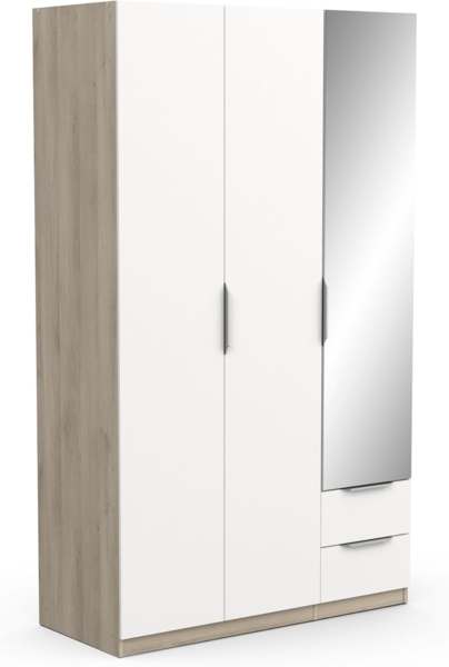 Demeyere Armoire Dressing Avec Miroir & Penderie Moderne 3 Portes 2 Tiroirs 4 Niches – Coloris Chêne Kronberg & Blanc Mat - 119,4 x 51,1 x 203 cm