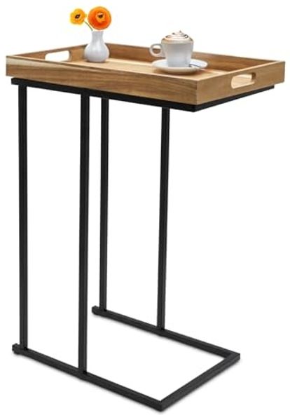 Spetebo Beistelltisch Metall Beistelltisch mit Holz Tablett - 60x45 cm (Anzahl, 1-St, Stück), platzsparend