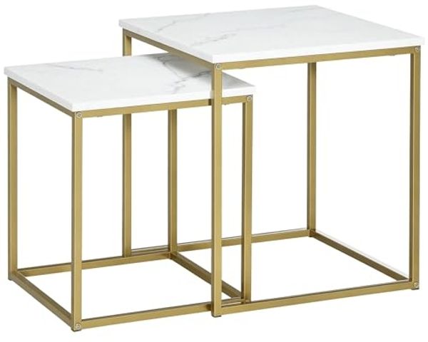 HOMCOM Couchtisch Kaffeetisch mit Stahlrahmen (Beistelltisch, 2-St, Sofatisch), für Schlafzimmer, Weiß