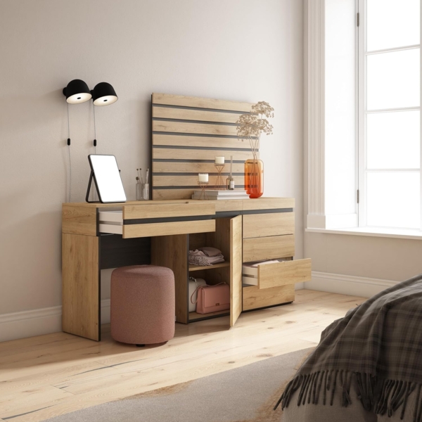 Skraut Home | Schminktisch | Frisiertisch mit Stauraum | 177 x 145 x 35 cm | mit Schublade | Kommode mit Schubladen | Lamellenwand Holz | Moderner Stil | Eiche Bild 4