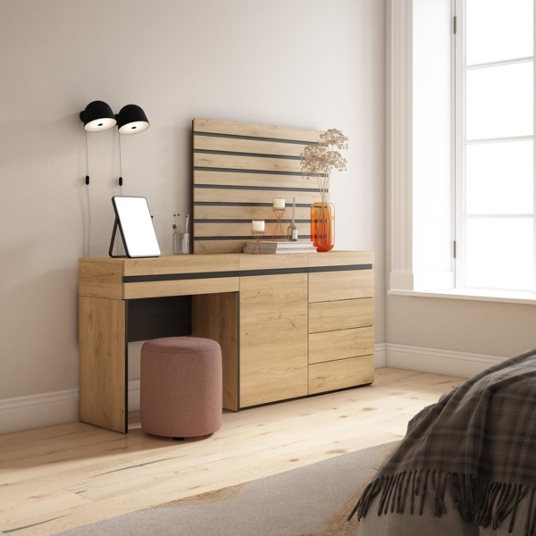 Skraut Home | Schminktisch | Frisiertisch mit Stauraum | 177 x 145 x 35 cm | mit Schublade | Kommode mit Schubladen | Lamellenwand Holz | Moderner Stil | Eiche Bild 2