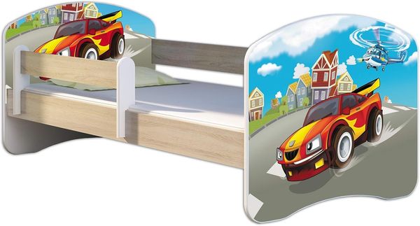 Kinderbett Jugendbett mit einer Schublade und Matratze Sonoma mit Rausfallschutz Lattenrost ACMA II 140x70 160x80 180x80 (03 Racing Car, 180x80)