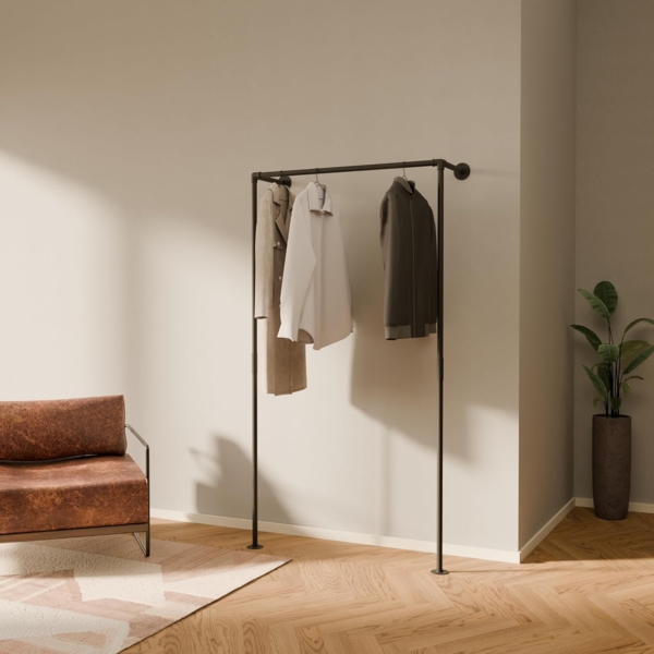 pamo. design Kleiderständer TIM Industrial Kleiderstange zur Wandmontage, Offener Kleiderschrank / Garderobe aus schwarzen Wasserrohren