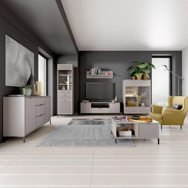 Lomadox Wohnwand LAURO-161, (6-St, Kommode Vitrine Wandregal Lowboard Highboard Couchtisch), Wohnzimmer Set Kaschmir beige modern mit Rillenoptik und Beleuchtung