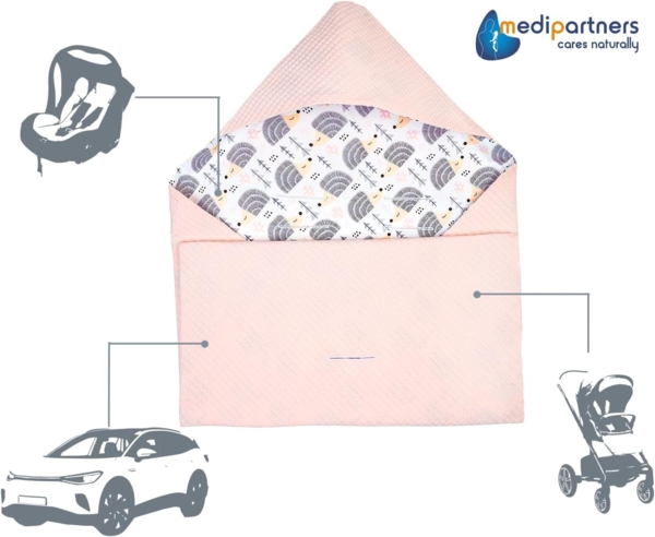 Medi Partners Einschlagdecke Baby Babyschale 100% Baumwolle für Sommer 85x85 cm Kinderwagen Kuscheldecke universal Baby Decke Einschlagdecken Babydecke Buggy Autositz (Graue Igel mit Hellrosa Waffel) Bild 6