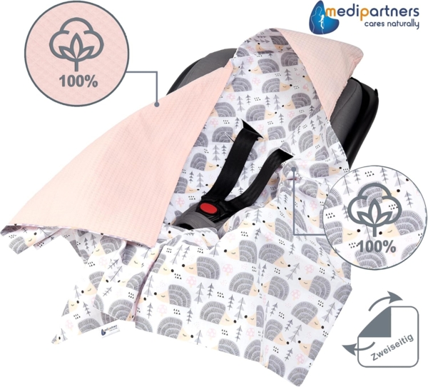 Medi Partners Einschlagdecke Baby Babyschale 100% Baumwolle für Sommer 85x85 cm Kinderwagen Kuscheldecke universal Baby Decke Einschlagdecken Babydecke Buggy Autositz (Graue Igel mit Hellrosa Waffel) Bild 4