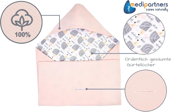 Medi Partners Einschlagdecke Baby Babyschale 100% Baumwolle für Sommer 85x85 cm Kinderwagen Kuscheldecke universal Baby Decke Einschlagdecken Babydecke Buggy Autositz (Graue Igel mit Hellrosa Waffel) Bild 3