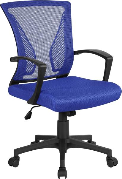 Yaheetech Bürostuhl Ergonomisch, Schreibtischstuhl mit Netzbespannung, Arbeitsstuhl mit Armlehnen, Chefsessel aus Mesh, höhenverstellbarer Computerstuhl 136 kg, atmungsaktiv, Wippfunktion Blau