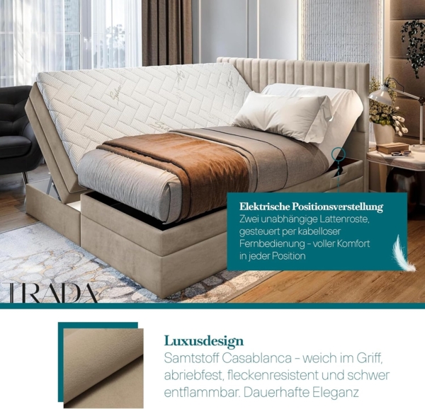TRADA Boxspringbett ADELE mit Taschenmatratze & Topper 180x200 cm (Set, Bett (zwei Bettkasten) + Matratz + Topper), Elektrische Zahnstangenverstellung per Fernbedienung Bild 8