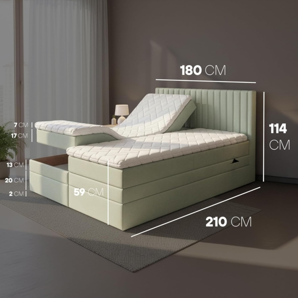 TRADA Boxspringbett ADELE mit Taschenmatratze & Topper 180x200 cm (Set, Bett (zwei Bettkasten) + Matratz + Topper), Elektrische Zahnstangenverstellung per Fernbedienung Bild 2