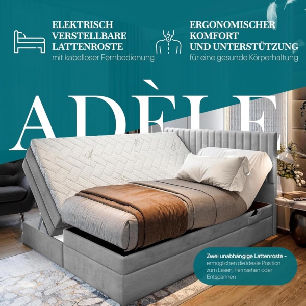 TRADA Boxspringbett ADELE mit Taschenmatratze & Topper 180x200 cm (Set, Bett (zwei Bettkasten) + Matratz + Topper), Elektrische Zahnstangenverstellung per Fernbedienung Bild 4